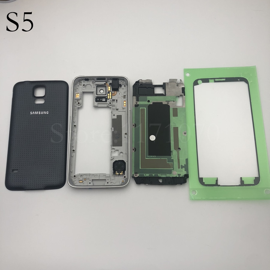 Volledige Set Voor Samsung Galaxy S5 G900 I9600 G900f Behuizing Frontplaat Beugel + Midden Frame + Back Cover case + Adhesive