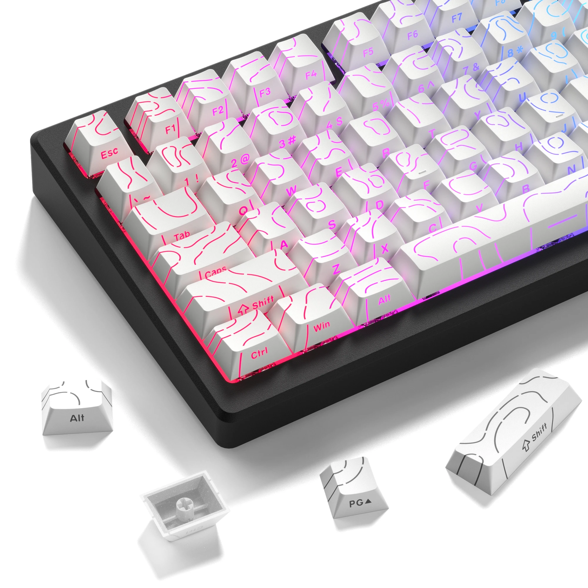 Teclas topográficas blancas de 98 teclas, teclas PBT 4,0, doble disparo, impresión lateral, brillo a través de teclas retroiluminadas para teclado mecánico MX Gamer