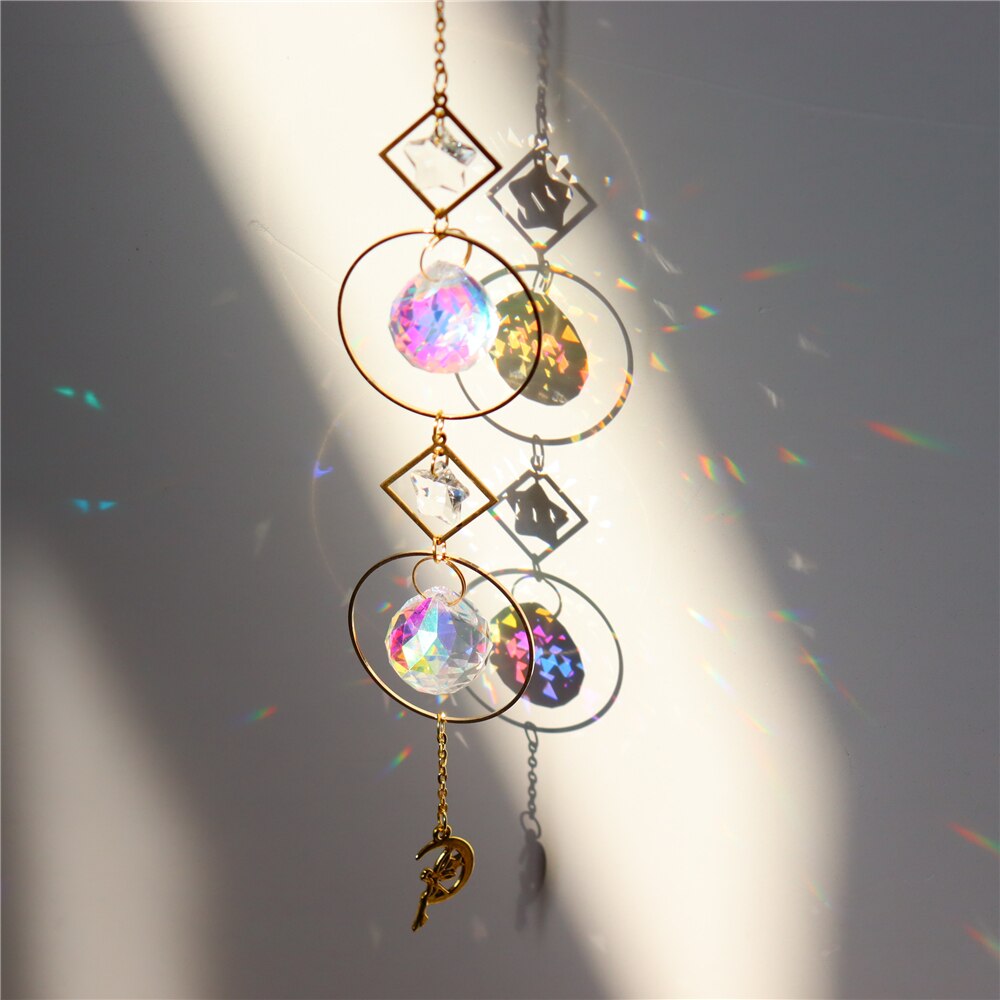 01-12 Suncatcher Crystal Rainbow Wind Chime Pendant Moon Hanging Ornament Crystal&amp;Copper Window Decor Home Garden Patio Decor: 01-31CM