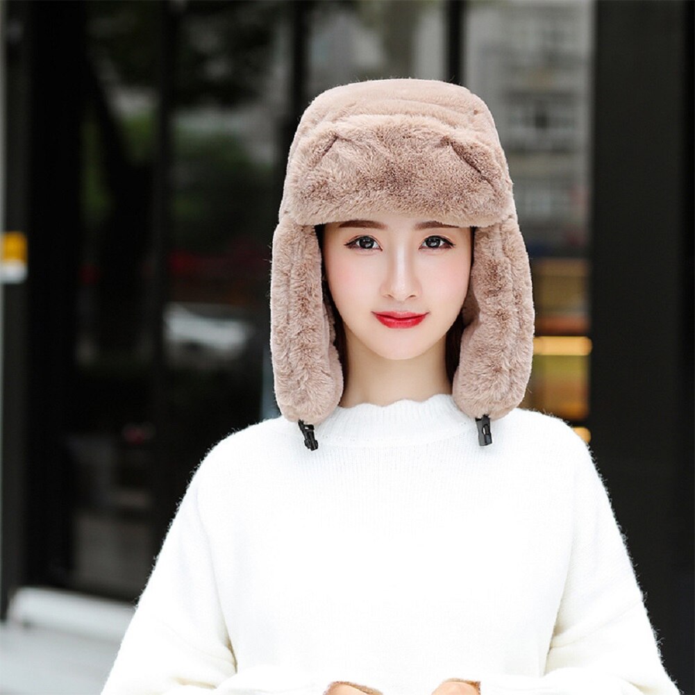 Women Faux Fur Trapper Hat Russian Ushanka Cossack Ski Earflaps Aviator Cap Winter Warm Velvet Bomber Hat: Khaki