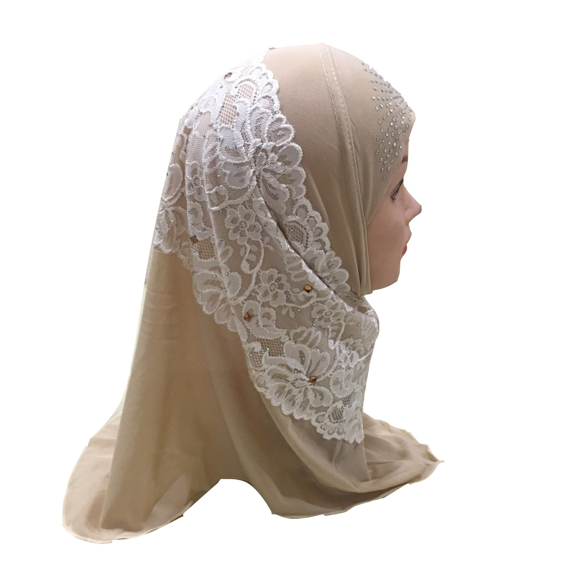 DIANRUO Girls Kids Muslim Hijab Islamic Arab Prayer Printed Scarf Cap Shawls Amira Headwear Leopard Patchwork Headscarf N402: Beige