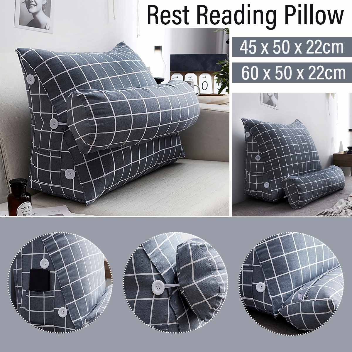 45x50x22cm / 60x50x22cm Grey Triangular Wedge Lumbar Pillow Support Cushion Backrest Bolster Soft Headboard