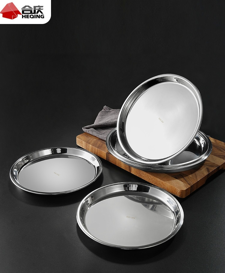 304 Stainless Steel Plate Disc Tableware Round Flat Plate Shallow Plate Flat Bottom Plate Home Thickened Shallow Dish Large Roun