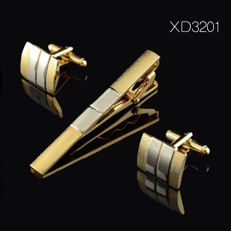 Guld bindeclips og manchetknapper sæt til mænd klassiske meter slips klip manchetknapper sæt kobber slips bar gylden slips krave nåle smykker: Xd3201