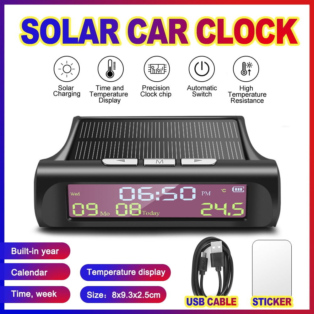 Draagbare 3 In 1 Auto Elektronische Klok Digitale Led Display Solar Auto Klok Thermometer Indicator Gauge Panel Meter Voor Auto