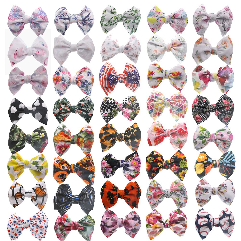 5Pcs/Lot Flower Print Elastic Nylon Band 5.9'' Big Bow Knot Headband Newborn Non-Marking Hair Accessories