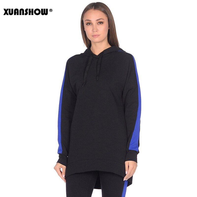 XUANSHOW Autumn Winter Female 2 Piece Set Tracksuit For Women Long Sleeve Long Hoodies+Pants Two Piece Set Outfit Women Suit: BlackandBlue / XL