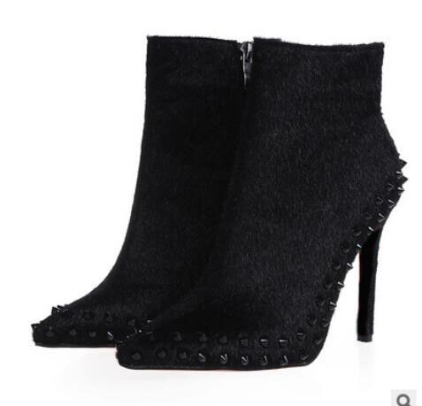 Klinknagel hoge hakken korte laarzen rode dames locomotief martin laarzen stiletto puntige neus laarzen 10cm 35-42 stofzak: Paardenhaar 10cm / 35