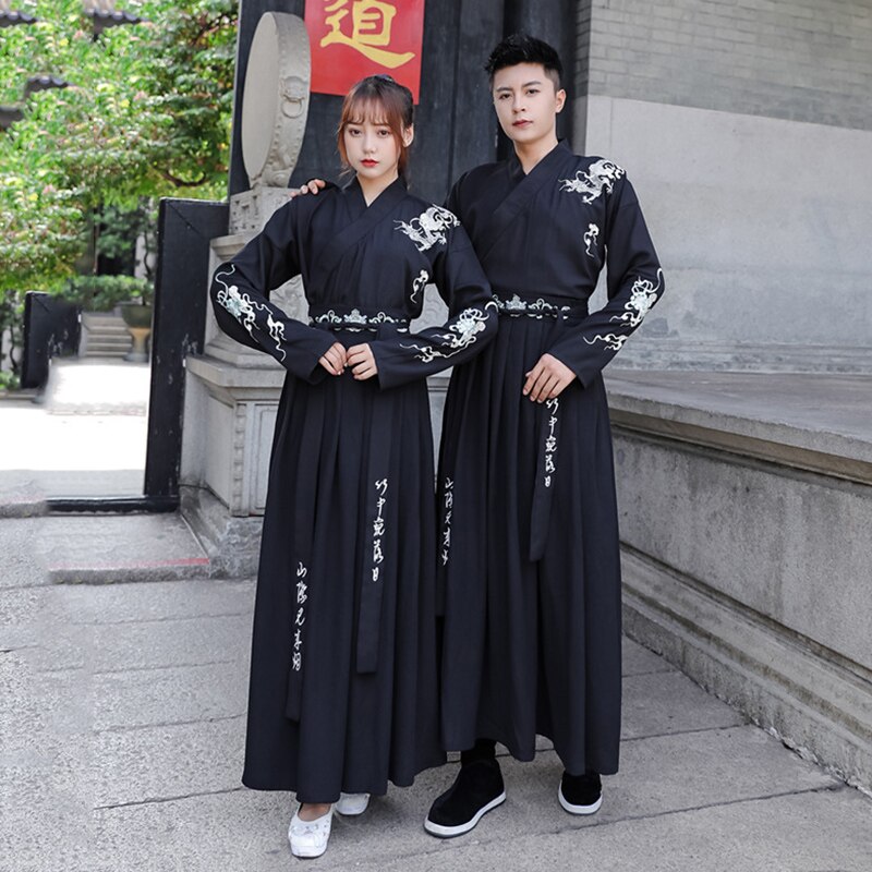 Zwart Borduurwerk Hanfu Vrouwen Mannen Traditionele Dans Kostuums Fee Jurk Zangers Prestaties Kleding Folk Festival Outfit DC3175