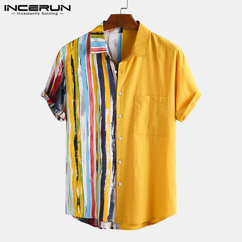 Incerun herre stribede patchwork skjorter afslappet kortærmet skjorte med reverstryk sommer løs hawaiiansk camisa s -3 xl 7