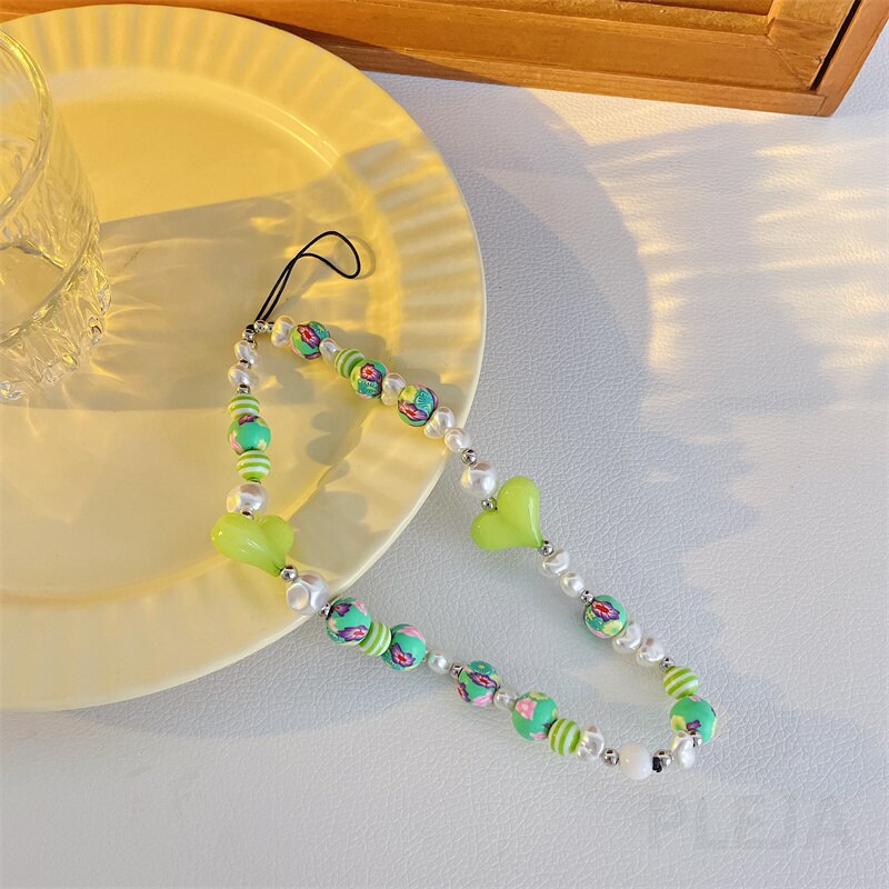 Mode Liefde Hart Mobiele Telefoon Riemen Voor Iphone 11 12 13 Pro Max Armband Hanger Leuke Sleutelhanger Ornament Parel Hand touw Ketting: DS346-1