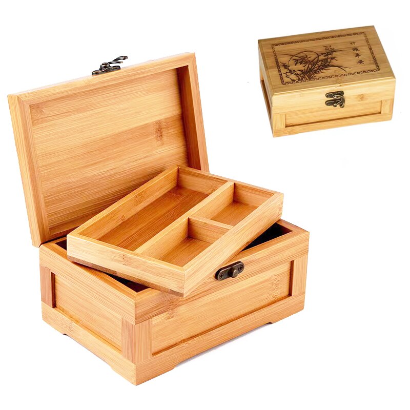 Natuurlijke opbergdoos met rolplateau, geurvrije containers, houten opbergdoos met verwijderbare tussenschotten, duurzaam, rolbaar: Beige