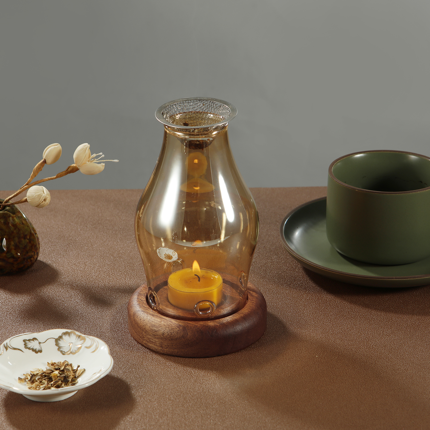 Kerzenhalter aus Glas, Aromatherapie-Heizhalter mit Holzsockel, Aromatherapie-Räuchergefäß für Yoga, SPA, Aromatherapie