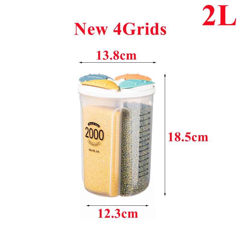 1.5/2/2.5/3L Plastic Food Storage Container with Lid Kitchen Storage Box Refrigerator Noodle Multigrain Jars Home Food Container: New 4grids-2000ml