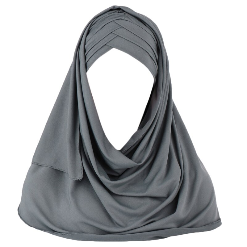 Vrouwen Melk Filer Effen Kleur 2 In 1 Tulband Hoed Instant Sjaal Maleisië Moslim Arabische Cross Plisse Hijab Cap Hoofd wrap Cover Islami: Grijs