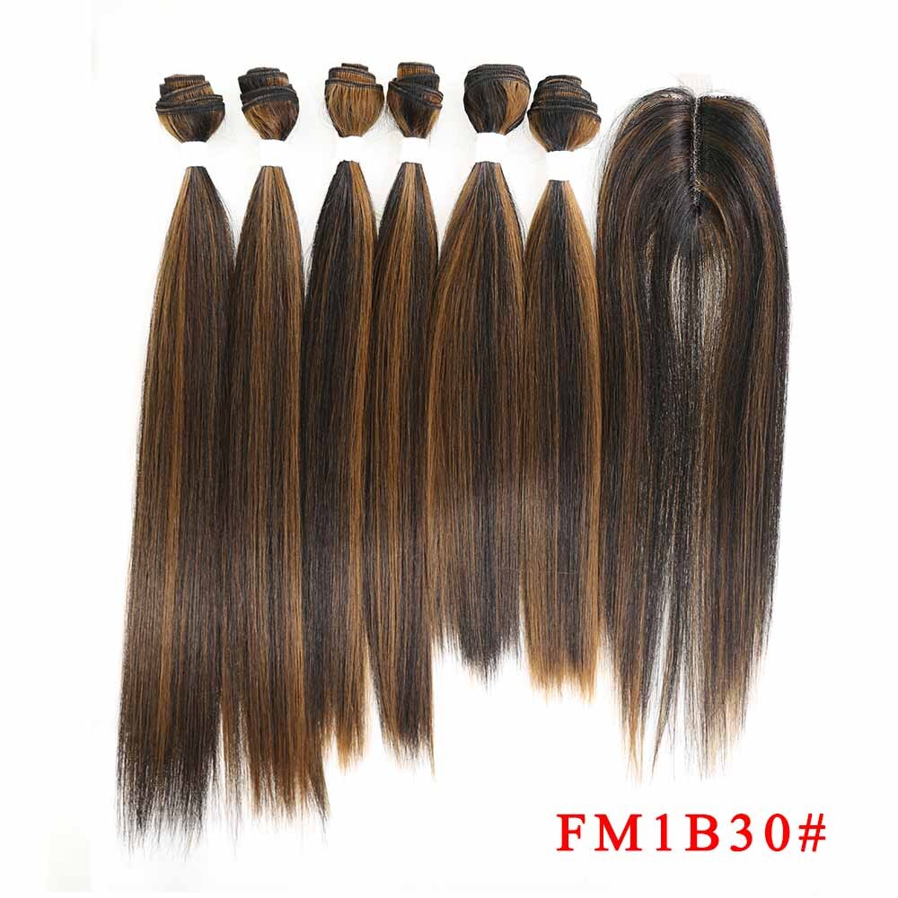 Ombre Bruin Yaki Rechte Synthetisch Haar Bundels Met Sluiting 14-18Inch Soku Hoge Temperatuur Fiber Bundel Haar weven: FM1B 30