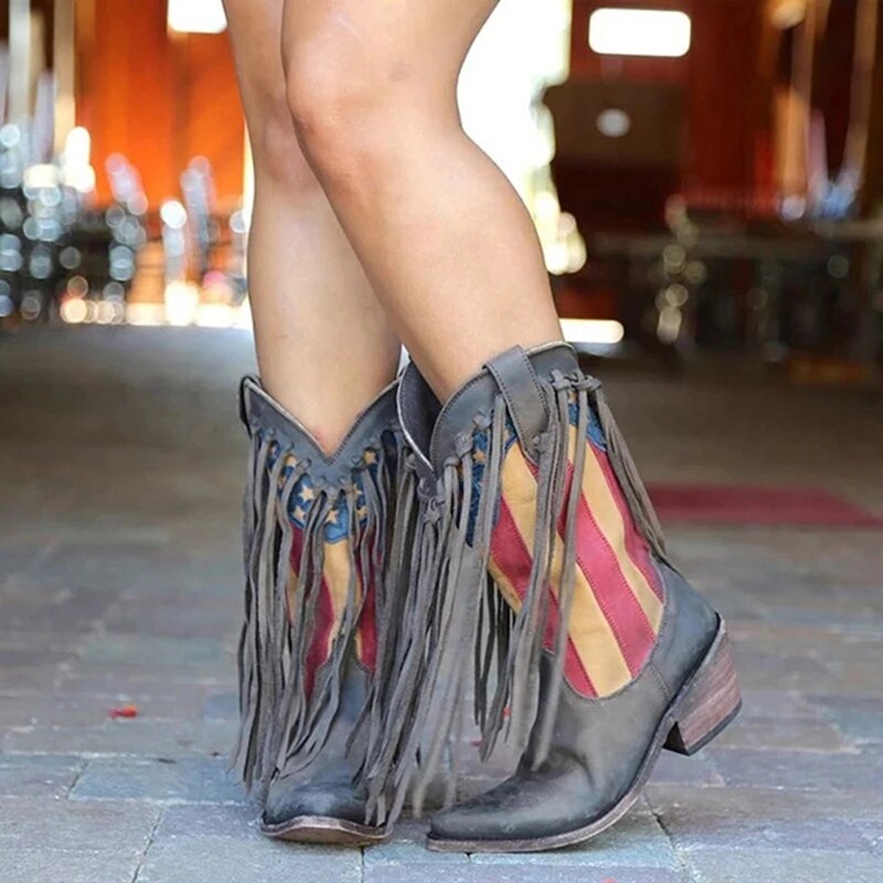 JODIMITTY Fransen Stiefel retro Frauen Quaste Randbereich Faux Wildleder Leder Cowboy Stiefel Niedrigen Ferse Damen Schuhe Bohemien Boho Ferse Stiefel