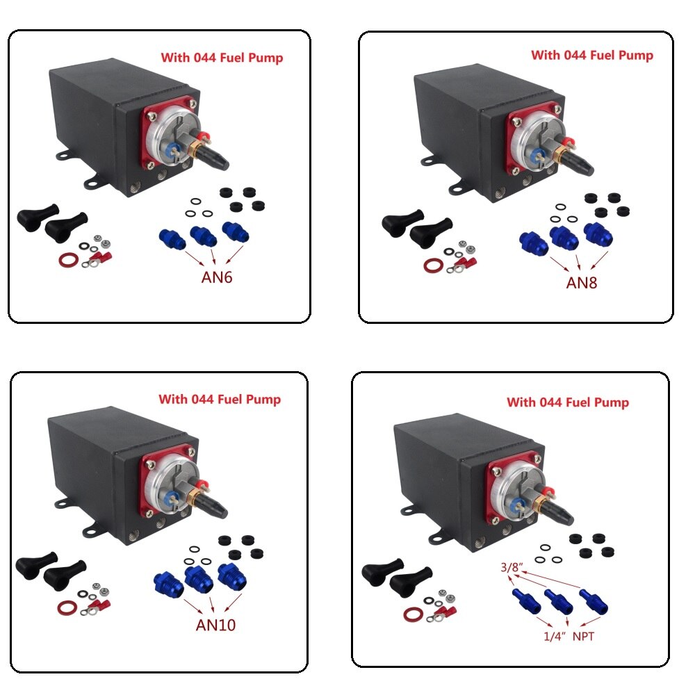 Single Fuel Pump Surge Tank Oil Catch Can Compatible with 044 Fuel Pump or 380 LPH Black PQY Fuel Pump With Different Fittings