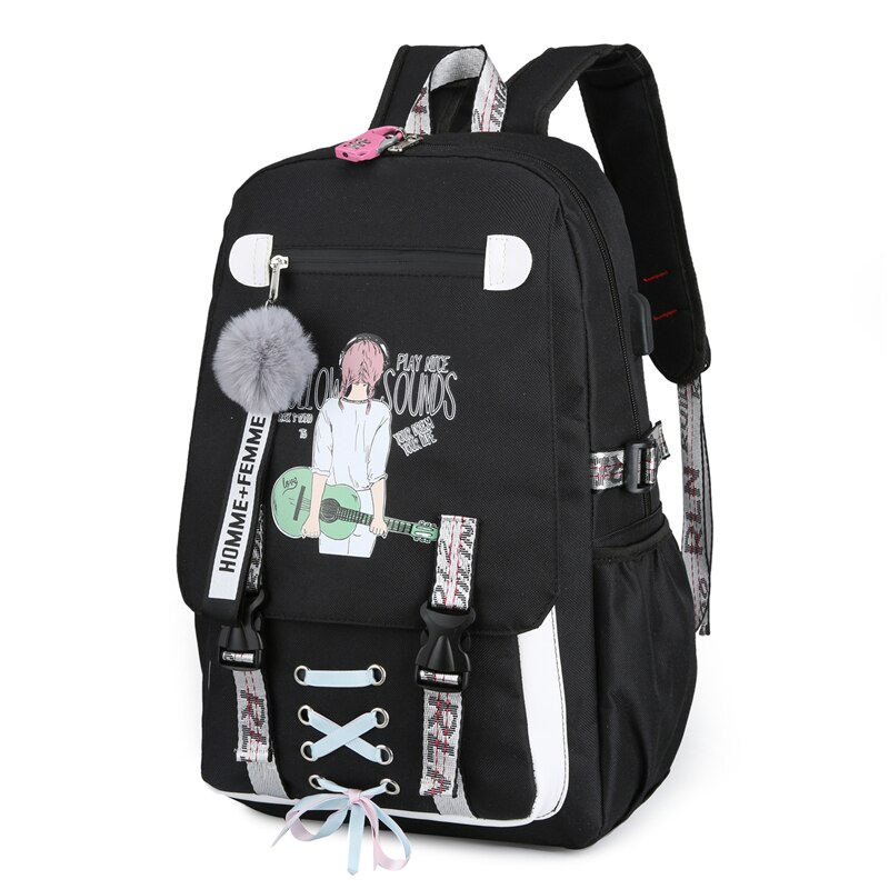 Pink Canvas Backpack Women School Bags for Teenage Girls Preppy Style Large Capacity USB Back Pack Rucksack Youth Bagpack: Black music