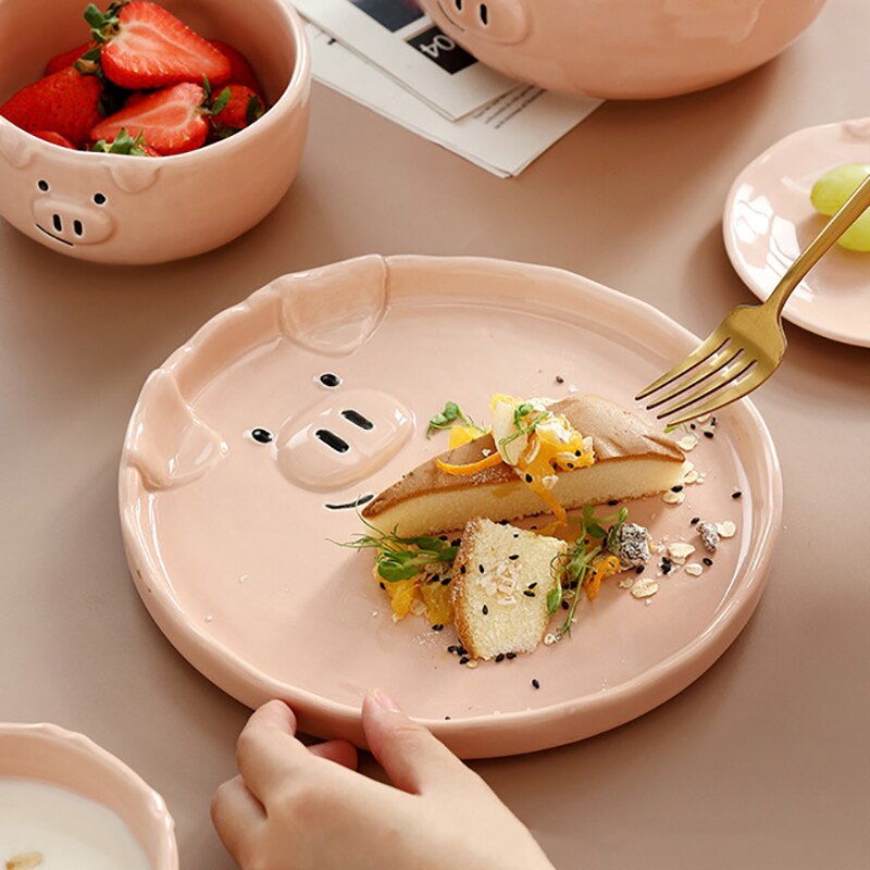 Cartoon Tableware Set Ceramic Japanese Cartoon Breakfast Plates And Bowls Children Dinnerware Set Pig Family Steak Flat Tray 1pc