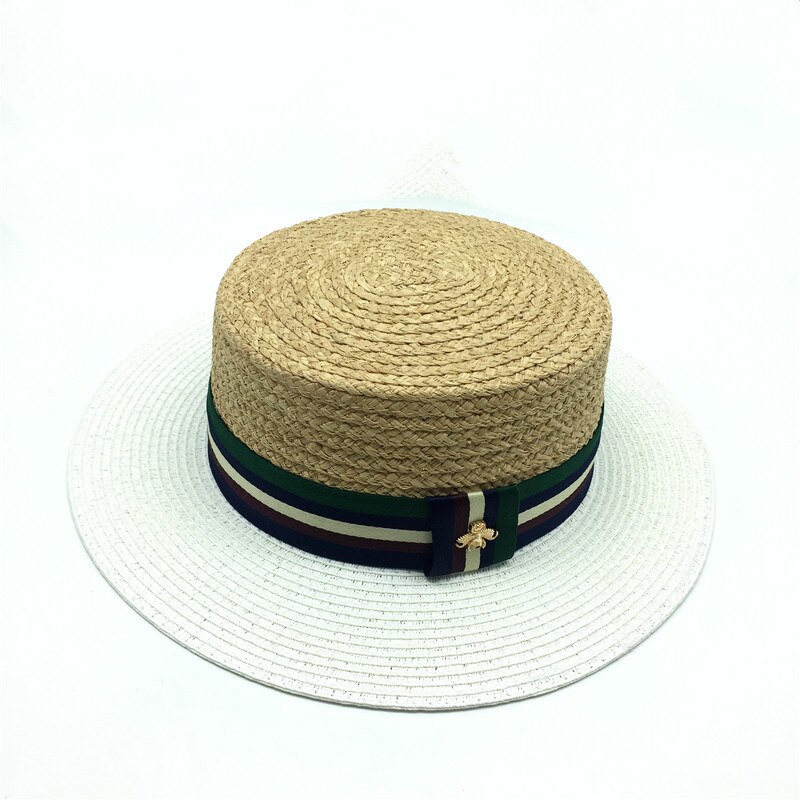 Meisjes Natuurlijke Raffia Floppy Strooien Hoed Gestreepte Band Platte Rand Zomer Schipperhoed Vrouwen Raffia Schipper Strand Strooien Hoed: White