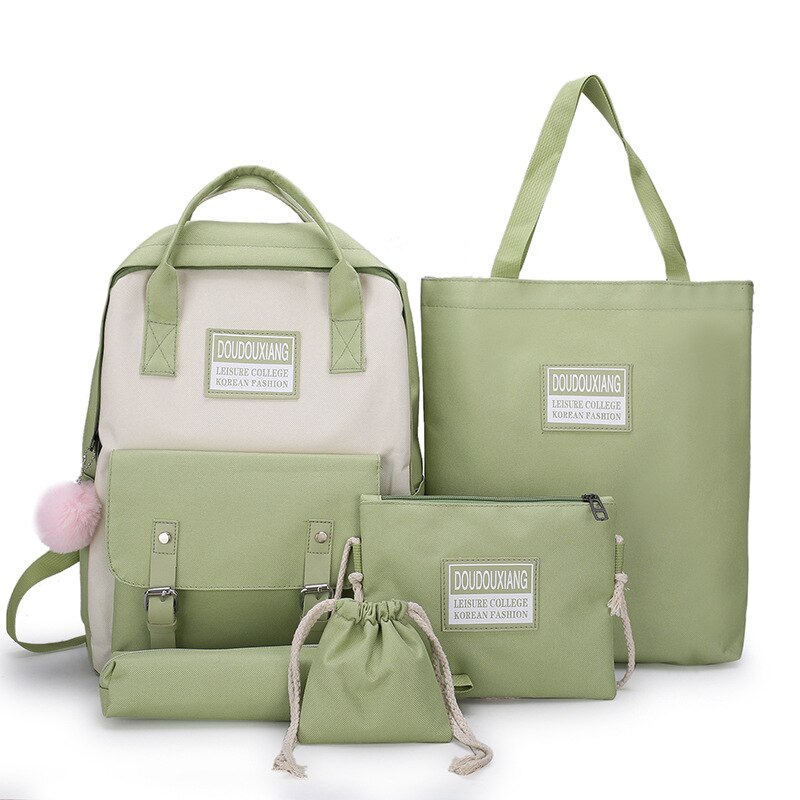 5 Piece Set High School backpack Bags for Teenage Girls Canvas Travel Backpack Women Bookbags Teen Student Schoolbag: Green 5PCS