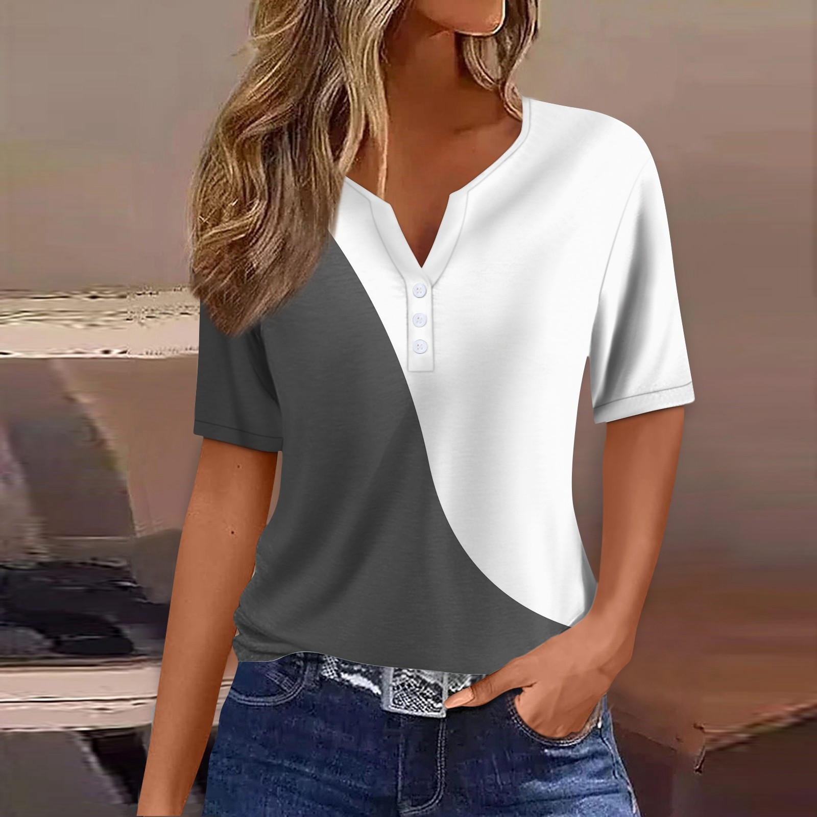 T-shirt à col en V pour femmes, haut décontracté, imprimé rayé, streetwear, t-shirts pour femmes, vêtements d'été,: XL / GRIS