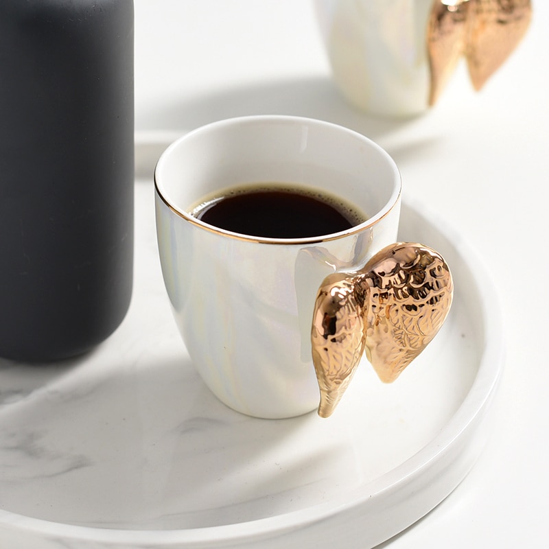 Guld engel vinge krus kop perle hvid keramisk boligindretning køkken kontor te kaffe drinkware unik bryllupsfødselsdag