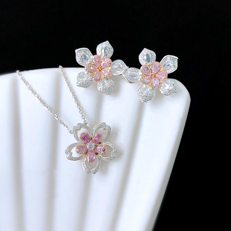 2022 Spring Cherry Flower Silver Color Earrings Pendant Necklace Pink Jewelry Set Bling Zircon Wedding Bridal for Brides Jewelry