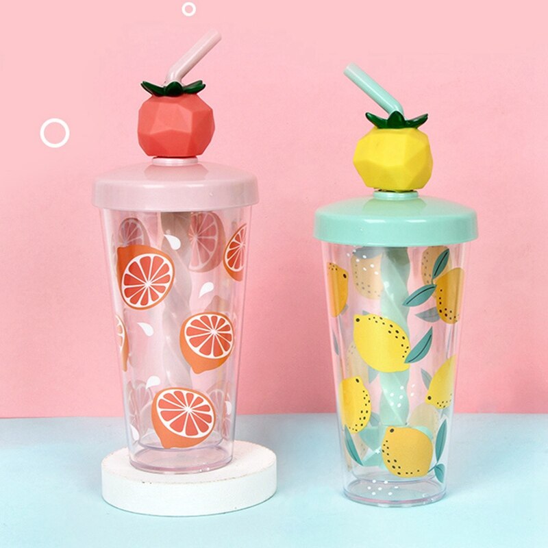 Colorful Fruit Mixing Cup Double Layer Transparent Straw Cup Summer Cold Drink Popular Handy Cup