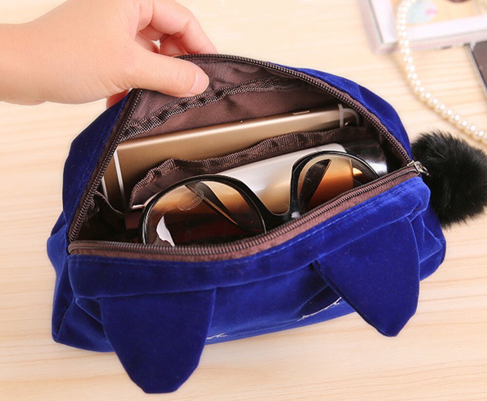 Vrouwen Cosmetische Tas Leuke Pom Pom Kat Patroon Makeup Case Vrouwelijke Organisator Tas Blauw Etui