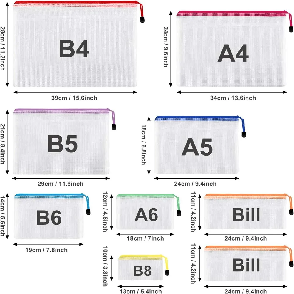 10pcs Mesh Zipper Pouch Waterproof Plastic Document Pouch Multipurpose for Travel Storage Office Appliances Home Organize Bags