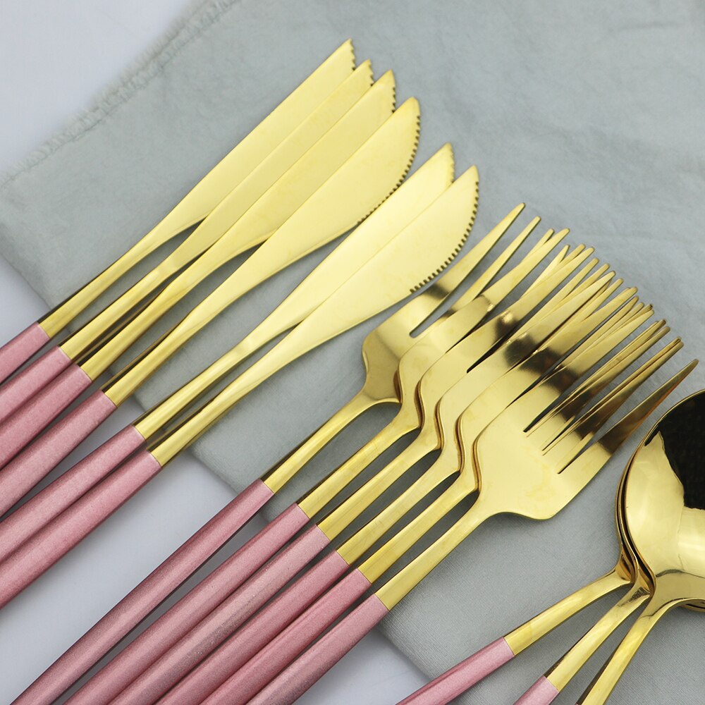 24Pcs/set Rose Gold Cutlery Set 18/10 Stainless Steel Dinnerware Set Knives Forks Spoons Dinner Set Kitchen Tableware Silverware