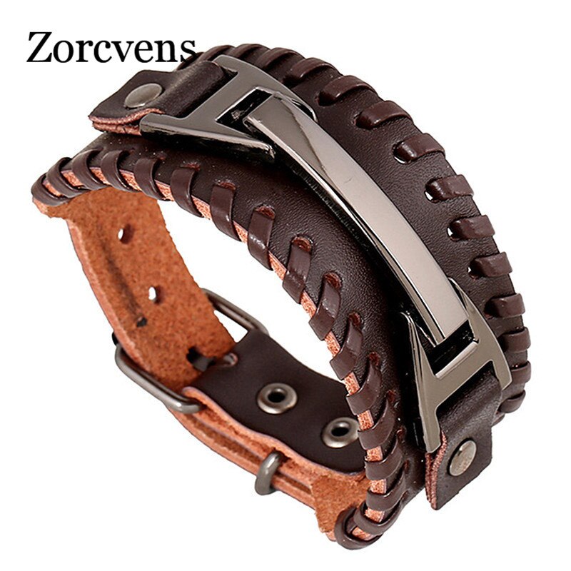 Zorcvens 2022 Vintage Punk Lederen Armband 2 Kleur Black &amp; Brown Gesp Multilayer Gevlochten Touw Armband Voor Mannen Sieraden