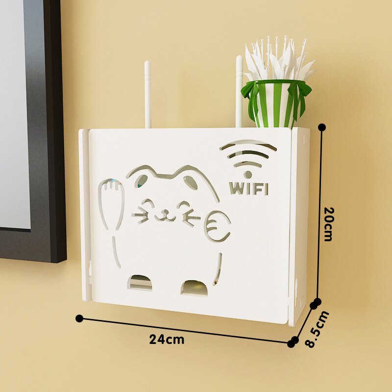 Smile Cat Pattern Wireless Wifi Router Box PVC Wall Shelf Hanging Plug Board Bracket Storage Box EUROPE Style Storage Boxes Bins: Cat