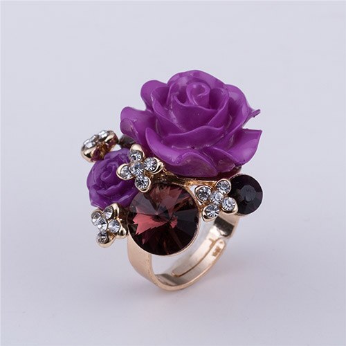 7 farger harpiks krystall rose blomst gull-farge justerbare kvinner bryllup statement fingerringer: Lilla