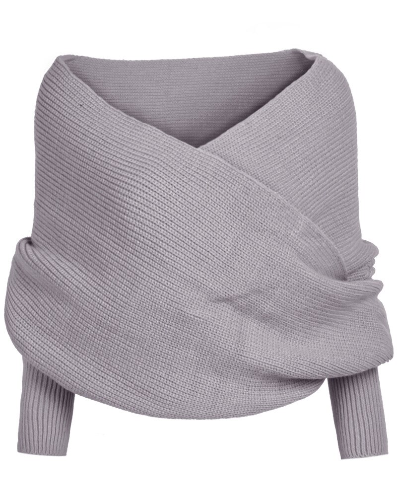 Antumn v-hals kvinders strikket sweater wrap strikvarer top scarfpullover jumper pull: Grå