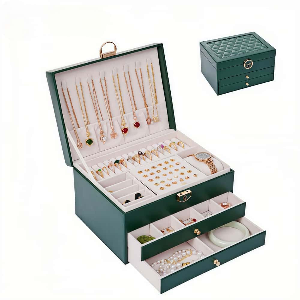 Schmuck-Aufbewahrungsbox, abschließbar – 3-lagige große Schublade für Ohrringe, Ringe, Halsketten-Organizer – modische Reise-Schmuck-Aufbewahrungsbox