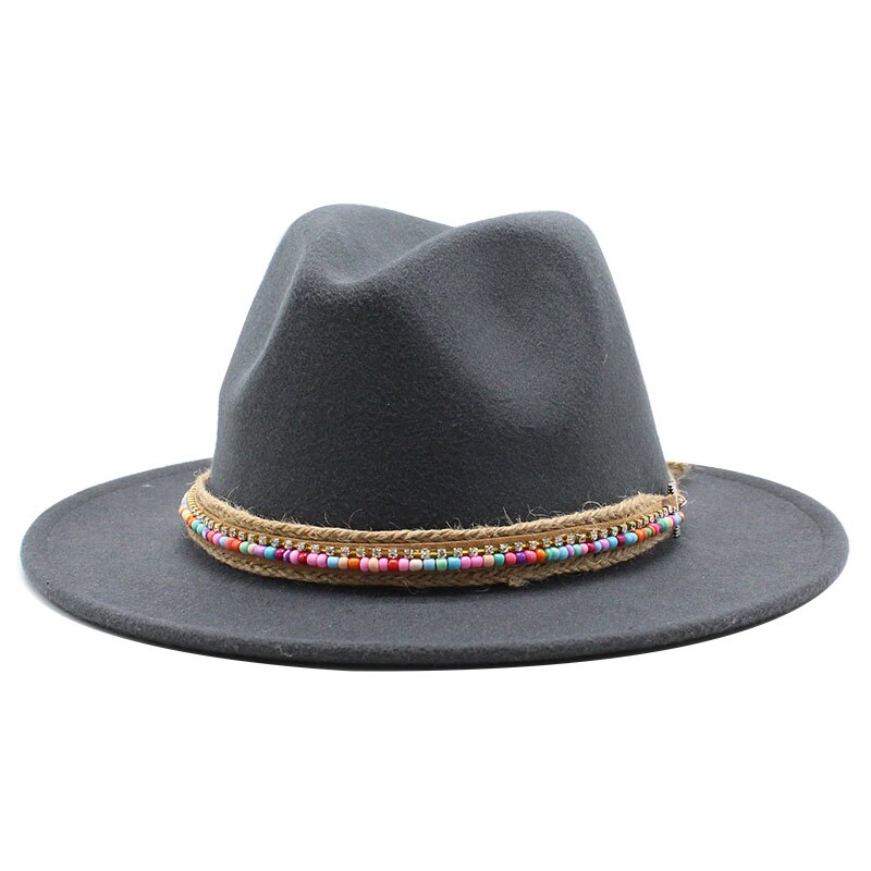 Herr kvinnor bredbrättad ullfilt fedora panama hatt med bältesspänne jazz trilbykeps fest formell topphatt i vitt,svart.rosa: Mörkgrå