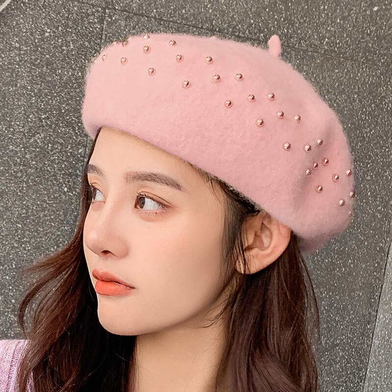 Femmes bérets métal clou perceuse laine couleur unie chapeaux femme Bonnet casquettes dames automne hiver marche chapeau Casquette: Light Pink