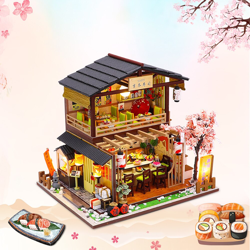 Teenager Sushi Restaurant Artificial Handmade DIY House Japanese Style Birthday Miniature Dollhouse Room Decor Intelligence