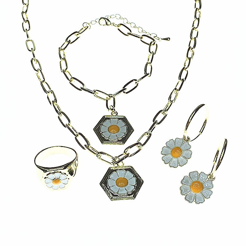 Korean Small Daisy Metal Pendant Necklace Ring Bracelet Female Girl Jewelry Set