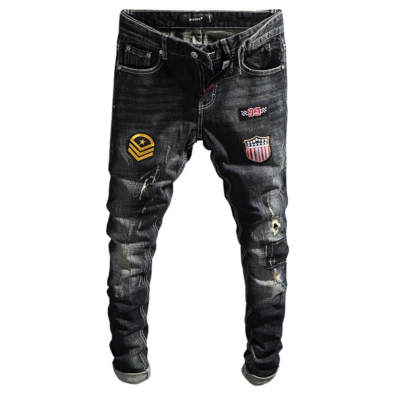 Streetwear mænd jeans sort blå farve slim fit patches ripped jeans mænd punk bukser hip hop jeans