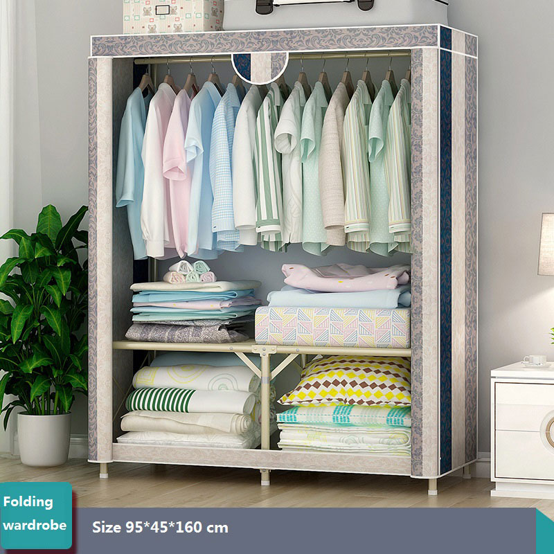 Free install Folding Wardrobe Simple Metal Iron Coat Rack Floor Shelf Standing Clothes Hanging Storage Bedroom Furniture szafa