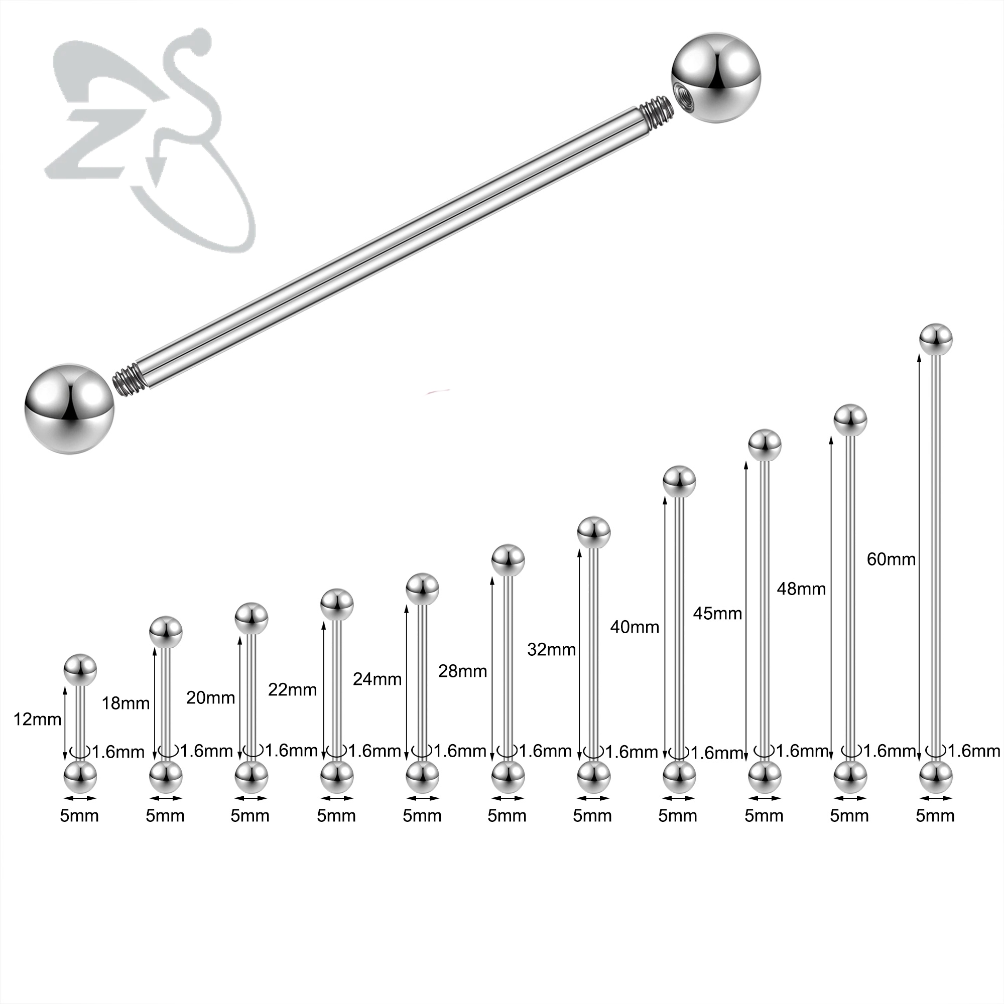 ZS 1 pieza 14G/16G Acero inoxidable largo Industrial Piercing barra cartílago pendiente Piercing 12/14/16/18/20/24/28/32/40/45/48/60mm