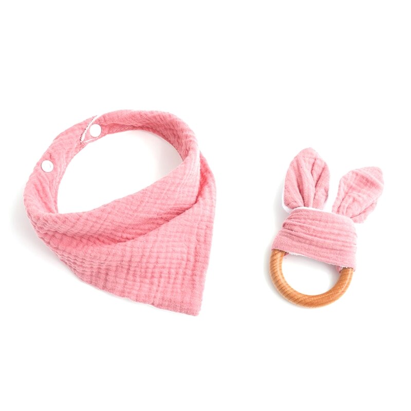 2 Stks/set Baby Jongen Meisje Speeksel Tissue Molars Ring Houten Bijtring Set Katoenen Mousseline Slabbetjes Effen Kleur Burp Doek Driehoekige sjaal: pink