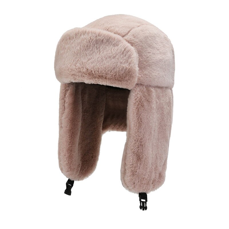 Winter Outdoor Riding Ski Hat With Earmuffs Thick Warm Soft Plush Faux Rabbit Fur Cap Women Windproof Russian Bomber Hat: Pink