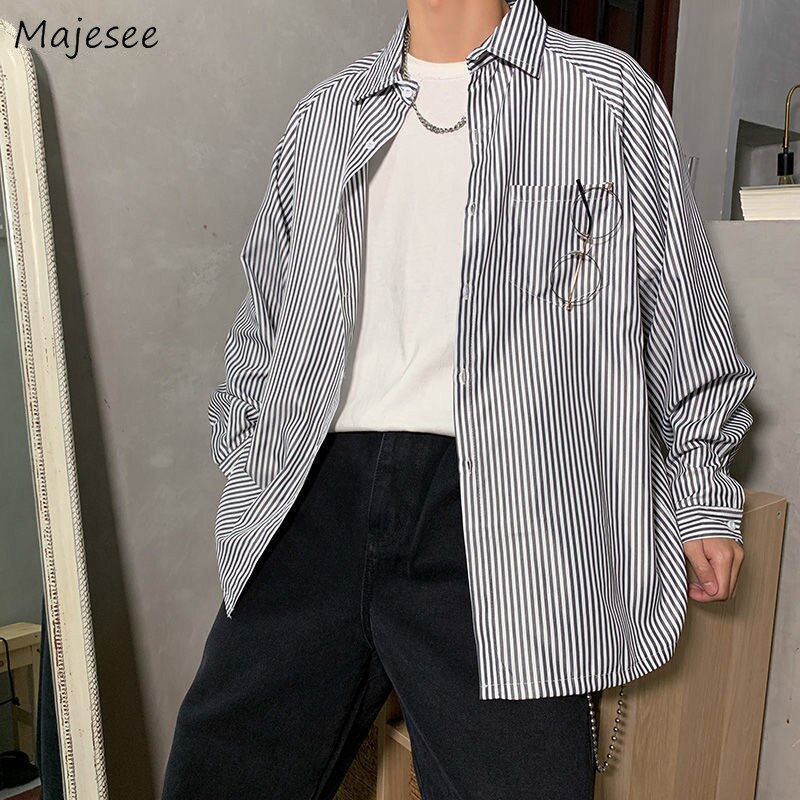 Men Shirts Striped Vintage All-match Korean Harajku Mens Simple Oversize Streetwear Leisure Male Outwear Ulzzang Loose BF