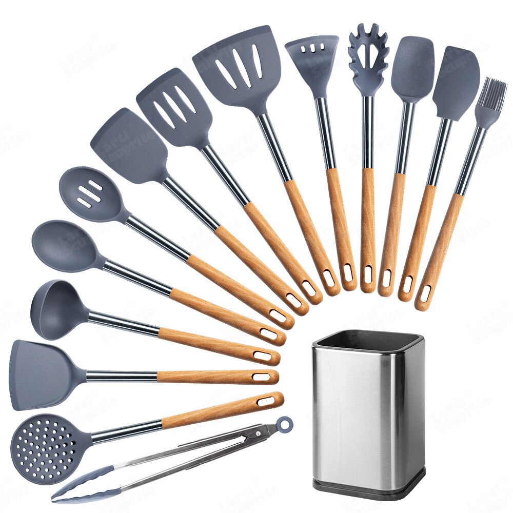 Kit d'ustensiles de cuisine en Silicone, ensemble d'outils de cuisine, accessoires allongés manche en bois massif, spatule cuillère Kit avec ustensiles de rangement: G15-B