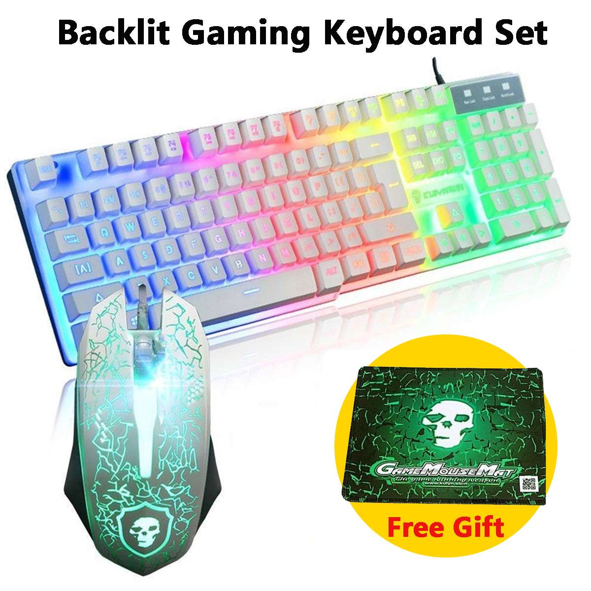 Colorful Backlight USB Keyboard Kit Wired Gaming Keyboards 2400DPI LED Gaming Mouse Combo with Mouse Pad Mix Backlit Mice: White